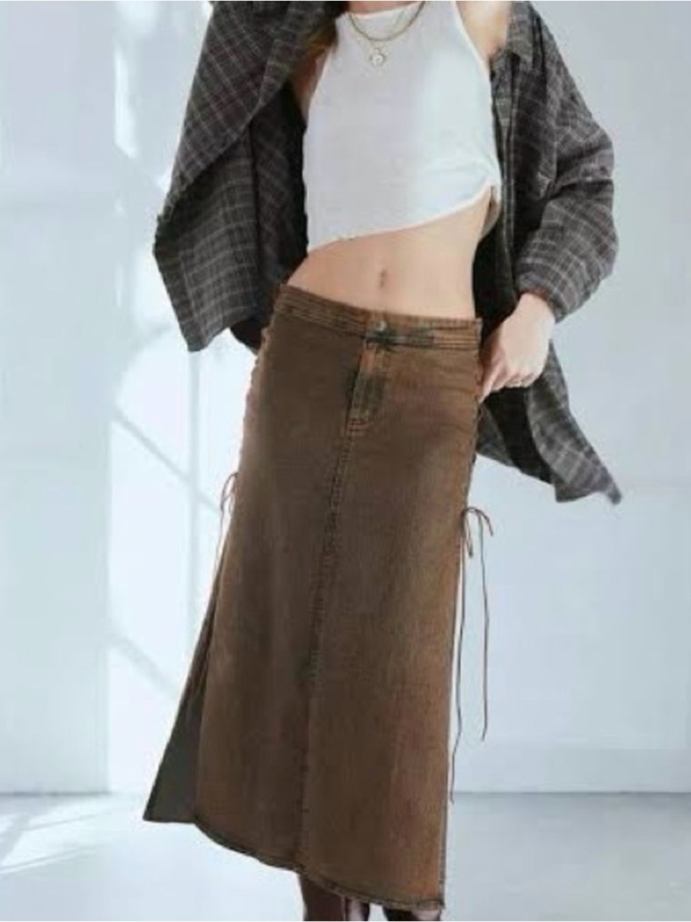 silence + noise Brown Midi Drawstring Skirt